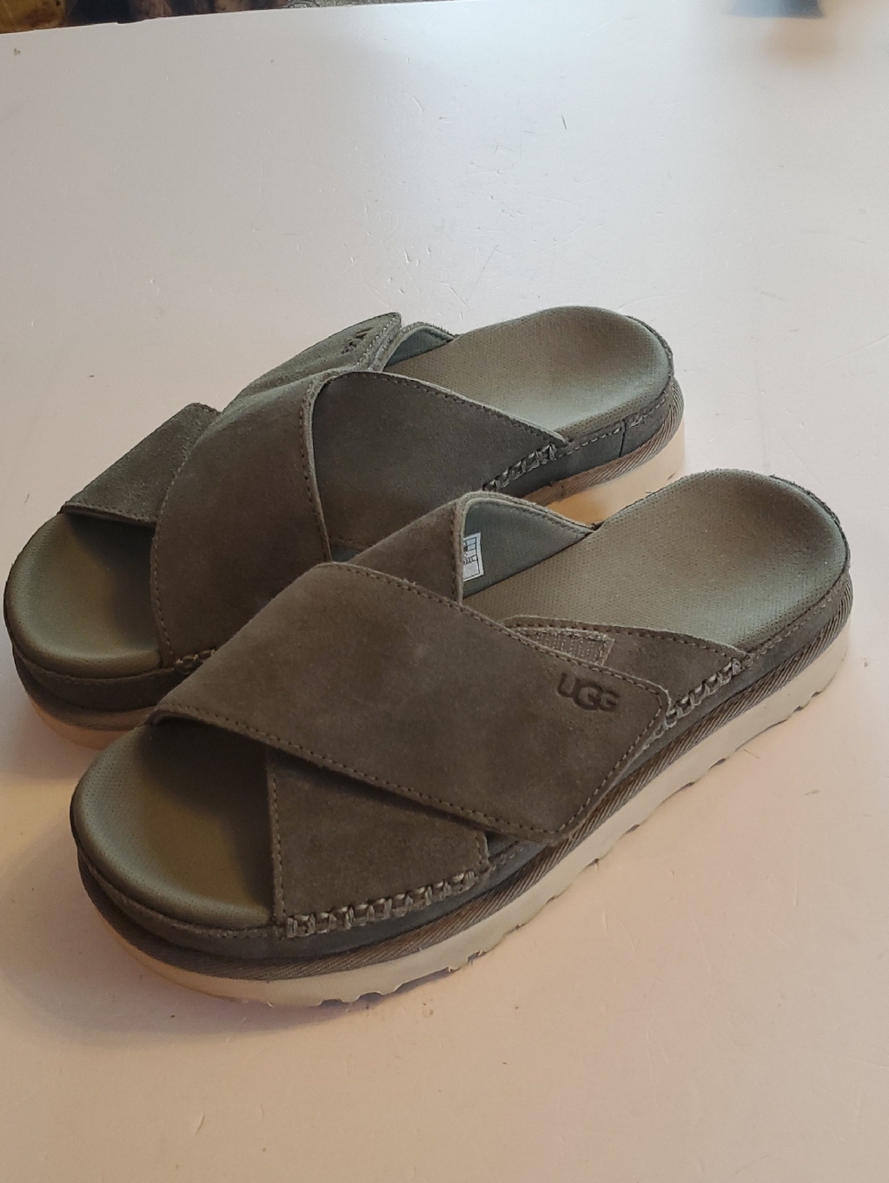 UGG Moss Green Suede Cross-Band Platform Slides